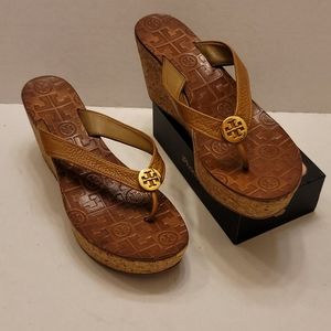 Tory Burch Brown Leather Cork Thong wedge sandals